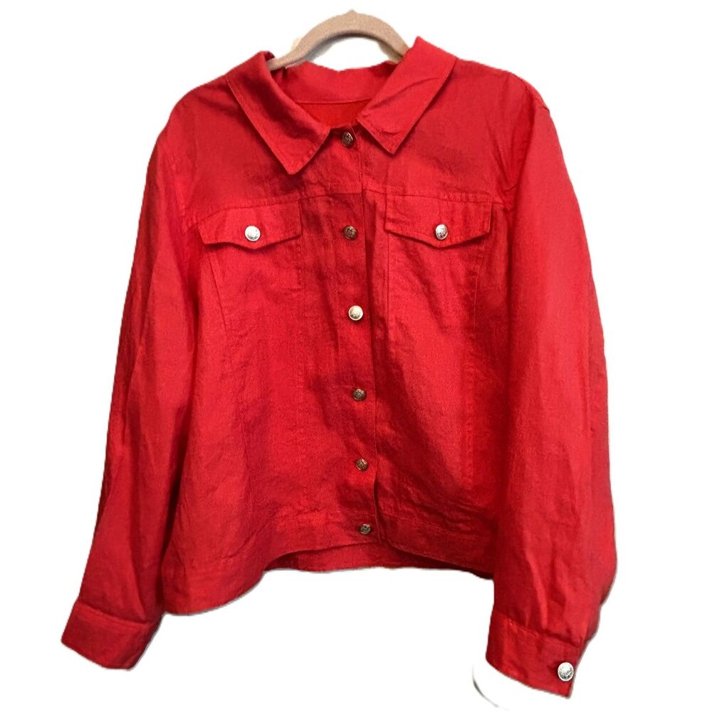 Linen Shirt Jacket 3X Red Saint Tropez West Button Front Pockets Coastal Resort